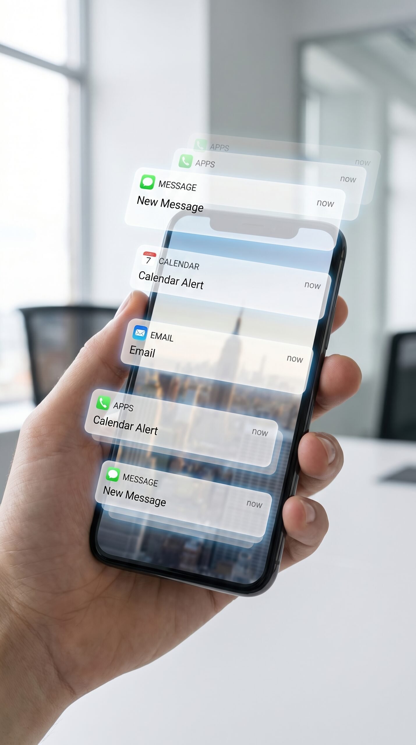 A hand holds a smartphone displaying multiple floating digital notifications for messages and emails